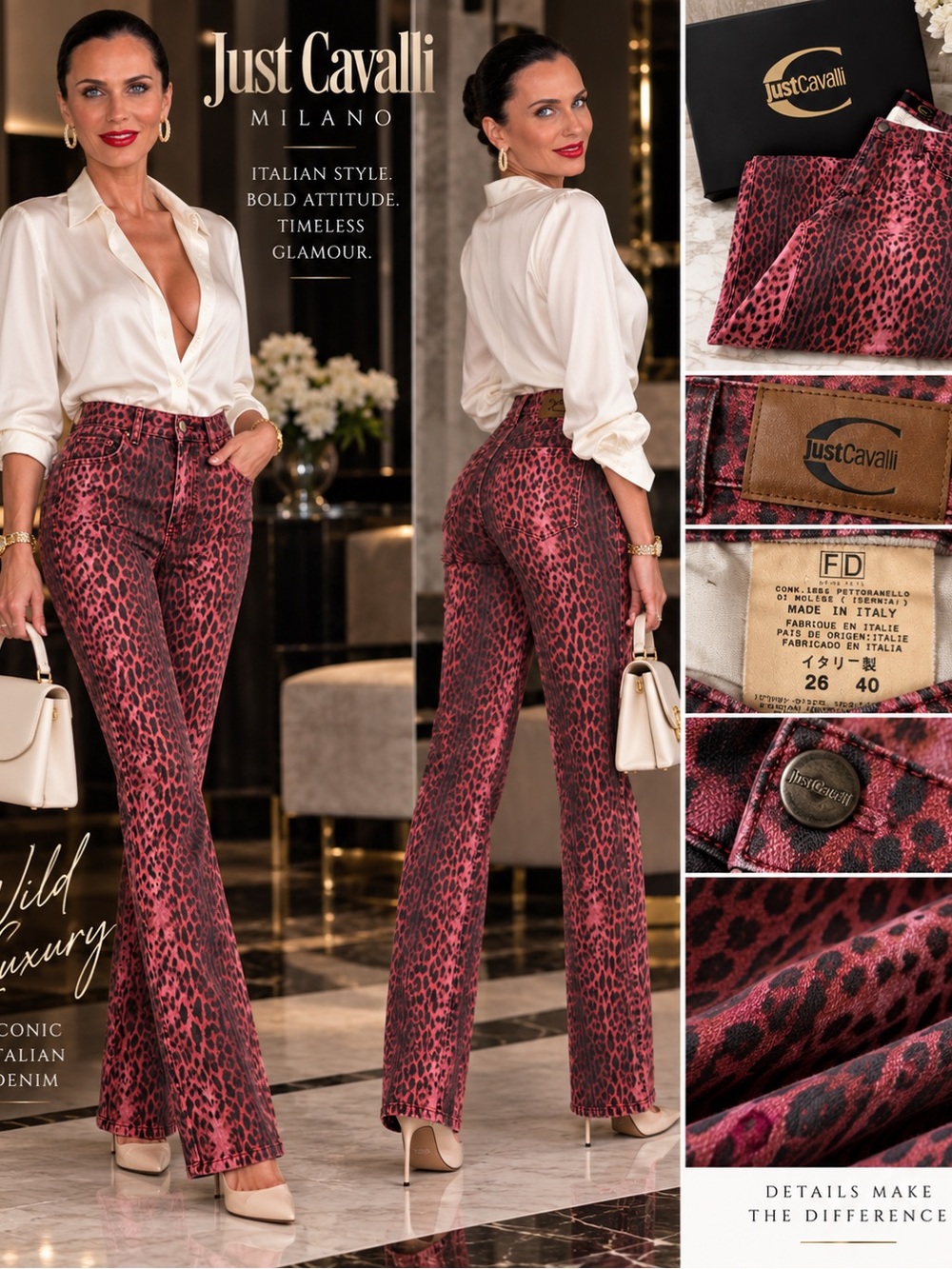 Just Cavalli Pink Leopard-Print Flared Pants size 26